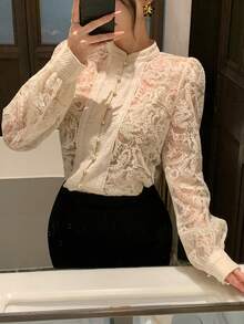 DAZY 刺绣精致镂空简约百搭女式衬衫 - 米色 - 查看 9