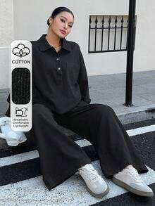 Dazy Plus 大码女式复古牛仔两件套，宽松V领长袖衬衫上衣和直筒裤，春秋季 - 黑色 - 查看 1
