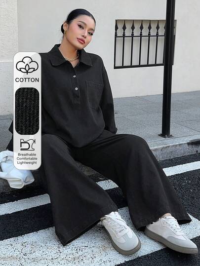 Dazy Plus Damen Große Größen Vintage Denim 2-teiliges Set, locker sitzende V-Ausschnitt Langarm Bluse und gerade geschnittene Hose, Frühling/Herbst