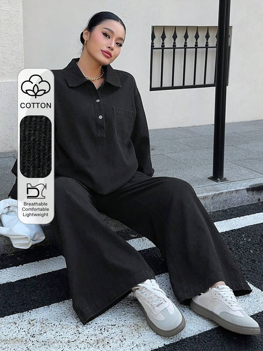 Dazy Plus 大码女式复古牛仔两件套,宽松V领长袖衬衫上衣和直筒裤,春秋季 - 黑色 - 查看 1