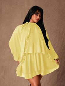 Rustia Vestido corto de manga larga con volantes en la cintura, ajustado, con dobladillo con volantes y capas, Vestido corto de manga larga con cuello redondo, Vestido estilizador de talla grande - Amarillo - Ver 6