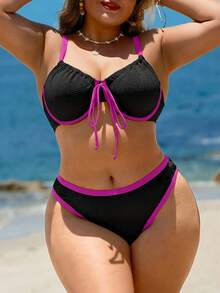 Swim Lushoire Bộ bikini gọng thép phối màu tương phản, chất liệu có họa tiết, dành cho nữ, thích hợp cho kỳ nghỉ. - Nhiều màu - Xem 3