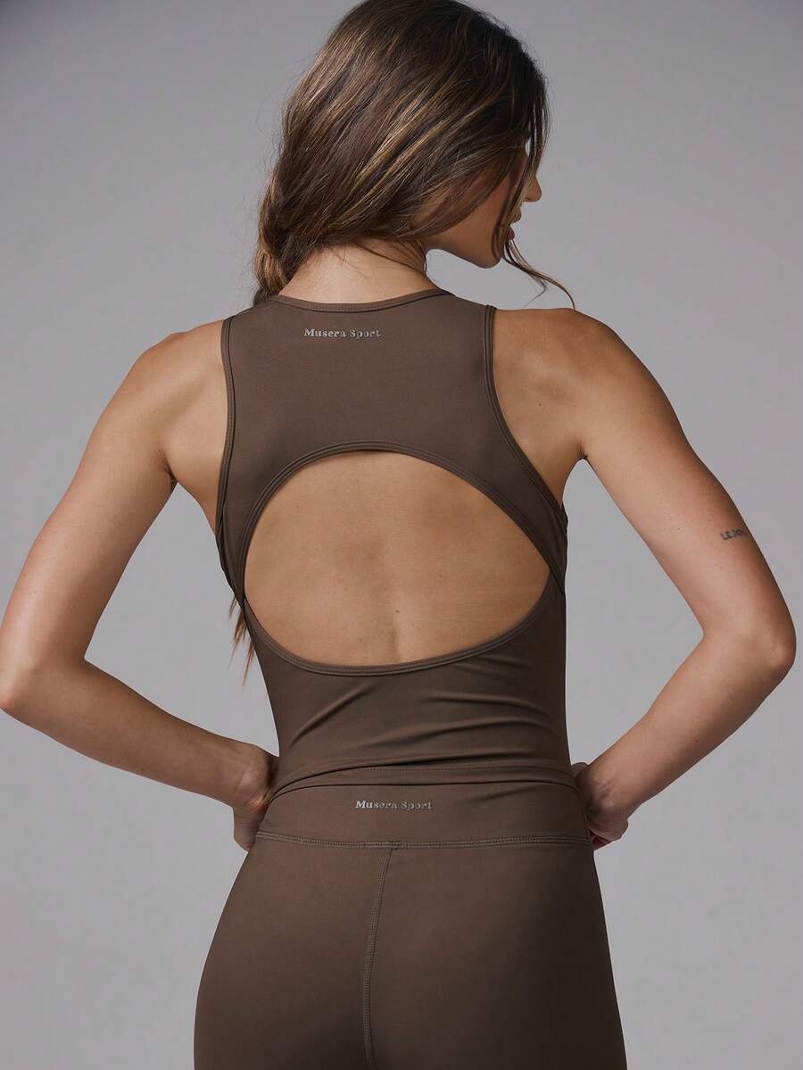 Musera Sport Top Ativo Contornado de Costas Abertas Apenas Coordenado Esportivo Treino Academia Pilates Fitness Casual Diário Banana Pudding - Marrom Claro - Visão 1