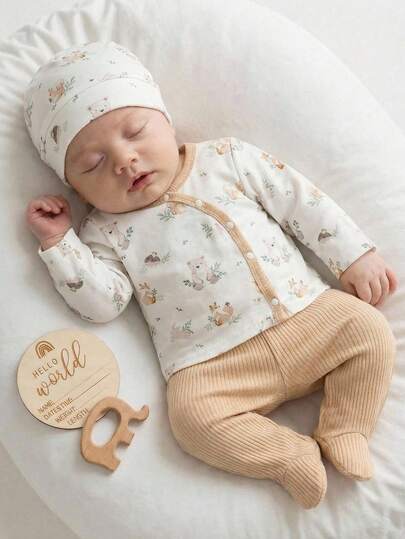 SHEIN 3pcs Newborn Baby Cartoon Print Front Button Long Sleeve Top, Solid Color Pants And Hat Set Newborn Neutral Outfit Unisex Baby Clothes Baby Set Neutral Newborn Baby Clothes Woodland Baby Clothes Baby Set Autumn Winter Season Neutral Baby Clothes Unisex