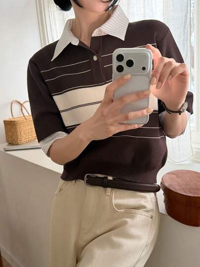 DAZY Women's Collared Contrast Color Casual Knit Sweater, Korean Style