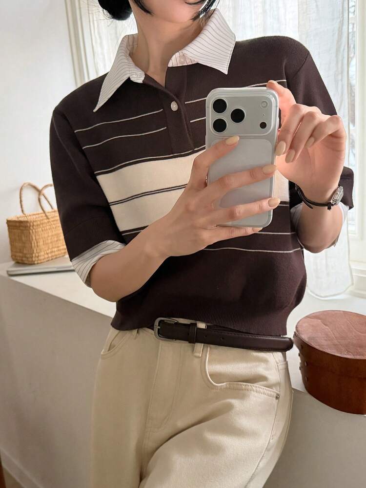 Women's Collared Contrast Color Casual Knit Sweater, Korean Style Summer