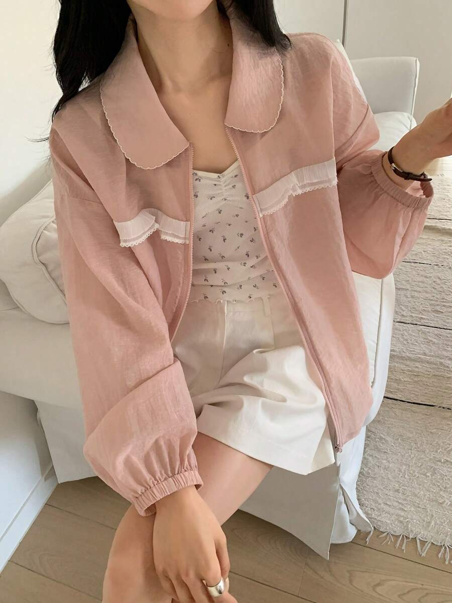 DAZY Women's Turndown Collar Ruffle Trim Lightweight Long Sleeve Jacket, Fresh Korean Style - Baby Pink - View 1