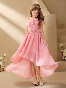 SHEIN Đầm dự tiệc màu trơn xếp nếp vạt lệch cho bé gái tuổi teen - Hồng - Xem 3