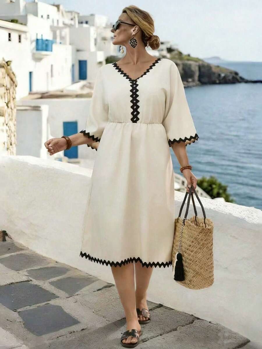 EMERY ROSE 大码女式梭织常规早春休闲舒适长袖收腰棕色二合一连衣裙 - 杏色 - 查看 1