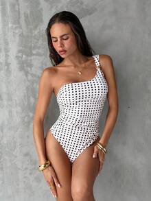 Swim Vcay Bộ đồ bơi liền thân gợi cảm, họa tiết chấm bi đen trắng, kiểu dáng bất đối xứng, mới năm 2026 dành cho nữ, thích hợp cho kỳ nghỉ hè trên bãi biển. - Nhiều màu - Xem 9