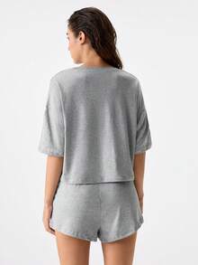 Miss Vinta Letter Graphic Drop Shoulder Top & Shorts Lounge Set Outfit - Light Grey - View 2