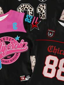 3件套休闲修身圆领短袖T恤，黑粉撞色，英文文字及数字图案印花，街头运动风，舒适百搭，秋季叠穿，时尚休闲，运动数字印花T恤，返校季必备，球衣号码，撞色T恤 - 白色 - 查看 4