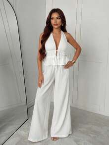 Slaydiva New Early Spring, Spring And Summer Music Festival, Valentine's Day, Easter, Bohemian Style, Casual And Simple Basic Style, Cruise Party, Casual Vacation, Elegant Commuting, V-Neck, Revealing Front Piece, Lace-Up, Large Backless, Fluttering Piece Top + Wide-Leg Pants, Super Long Pants, Loose Fit, White Pleated Fabric Women's Two Pieces Set -A - White - View 1