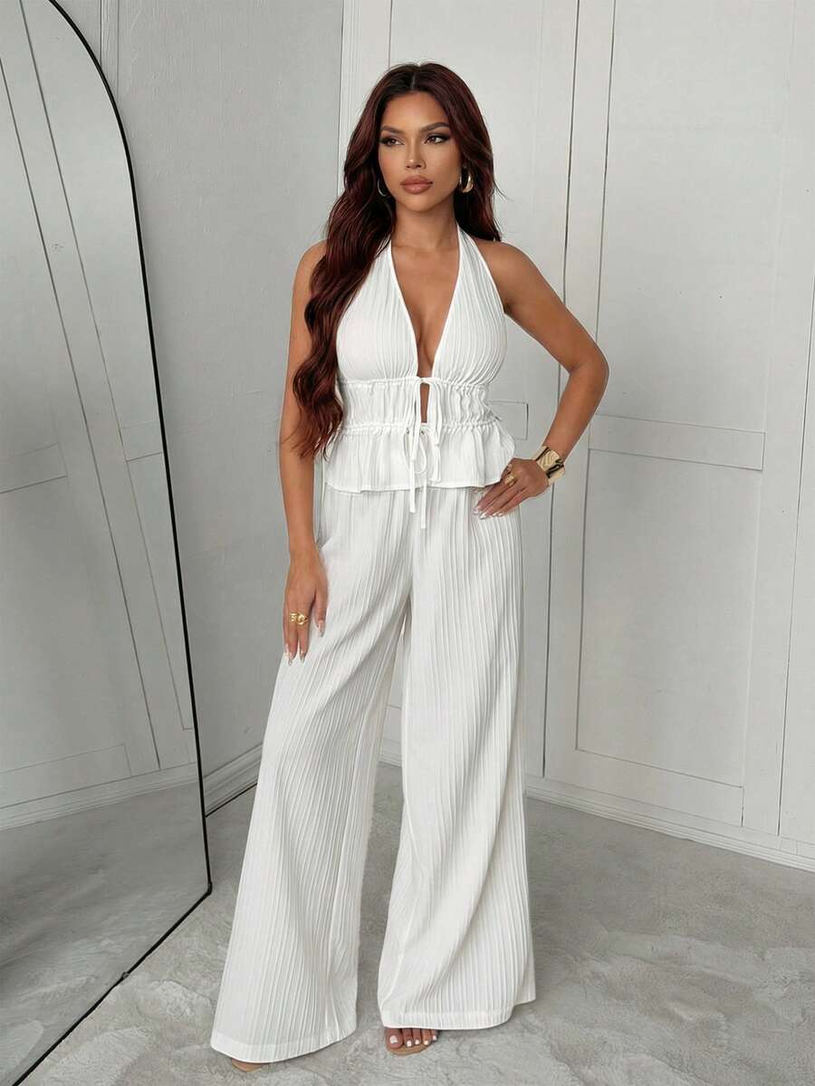 Slaydiva New Early Spring, Spring And Summer Music Festival, Valentine's Day, Easter, Bohemian Style, Casual And Simple Basic Style, Cruise Party, Casual Vacation, Elegant Commuting, V-Neck, Revealing Front Piece, Lace-Up, Large Backless, Fluttering Piece Top + Wide-Leg Pants, Super Long Pants, Loose Fit, White Pleated Fabric Women's Two Pieces Set -A - White - View 1