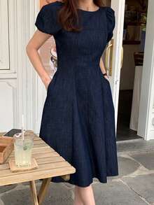 Dazy Tall 高个女式收腰长款牛仔连衣裙 - 深色水洗藍 - 查看 6