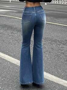 DAZY 女士高腰喇叭牛仔裤，性感休闲水洗修身喇叭牛仔裤 Y2k - 中等水洗藍 - 查看 4