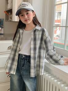 Dazy Kids 少女格子长袖单排扣休闲衬衫 - 黑與白 - 查看 4