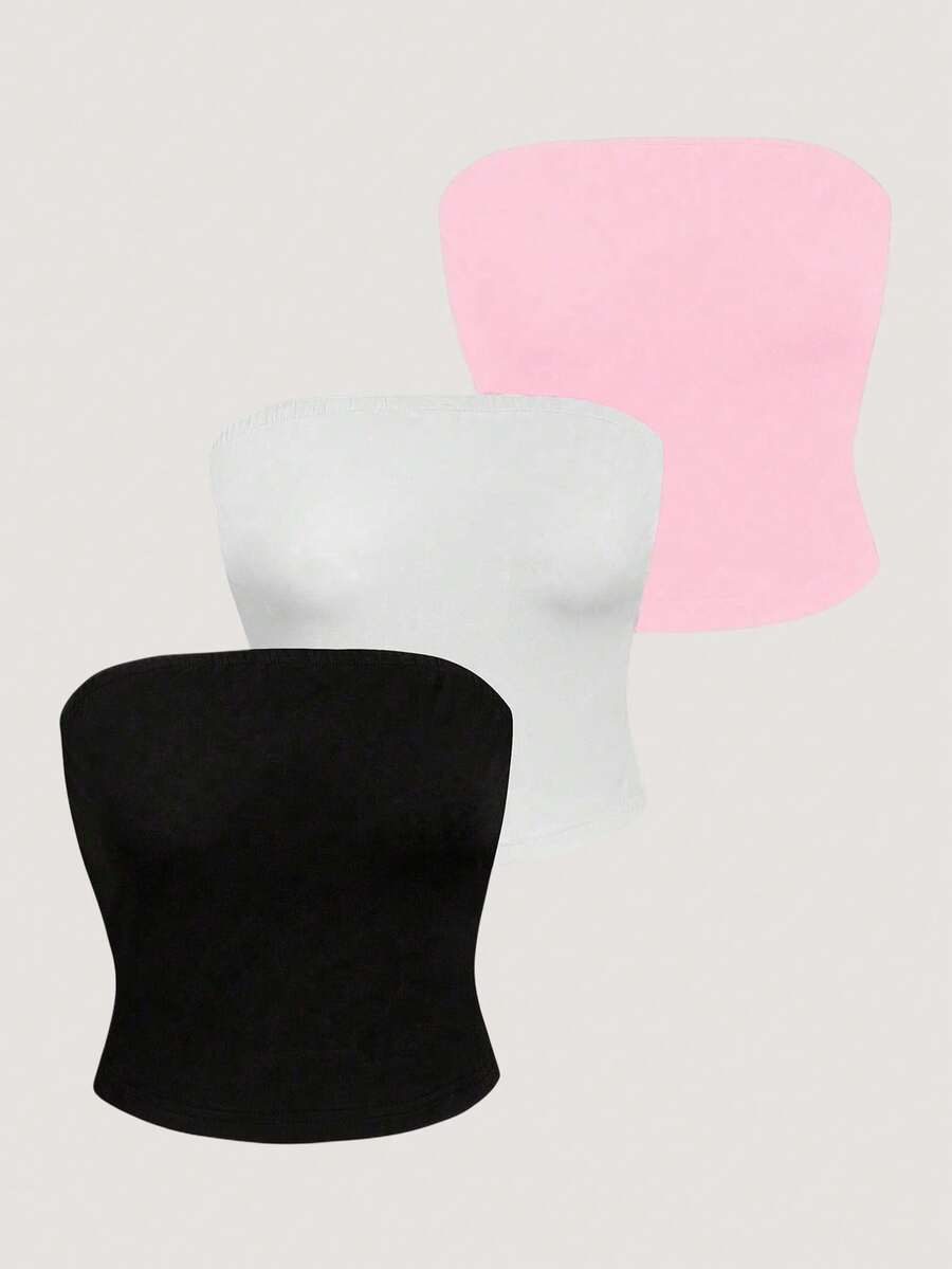 Olithes 女士純色簡約日常無肩帶背心 - 藕粉色 - 查看 1