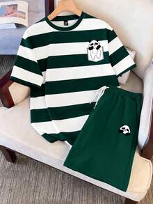 Manfinity Joysei 男士休闲绿白条纹熊猫图案T恤套装（2件装），适合上学、外出、送朋友等场合。 - 綠色 - 查看 1