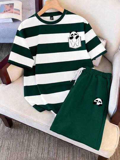 Manfinity Joysei 男士休闲绿白条纹熊猫图案T恤套装（2件装），适合上学、外出、送朋友等场合。
