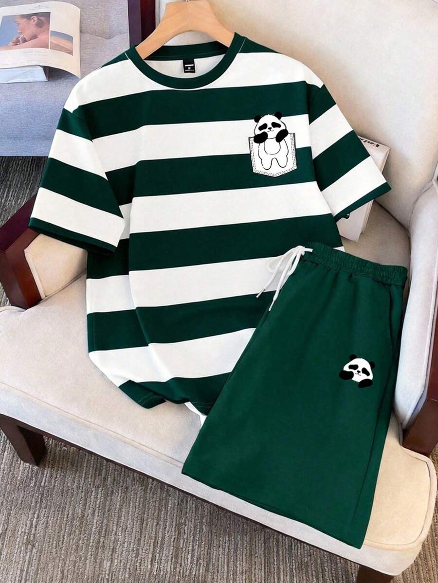 Manfinity Joysei 男士休闲绿白条纹熊猫图案T恤套装（2件装），适合上学、外出、送朋友等场合。 - 綠色 - 查看 1