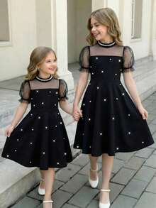 优雅奢华黑色网纱串珠连衣裙，适合晚宴、婚礼、花童、舞会及其他场合。 - 黑色 - 查看 1