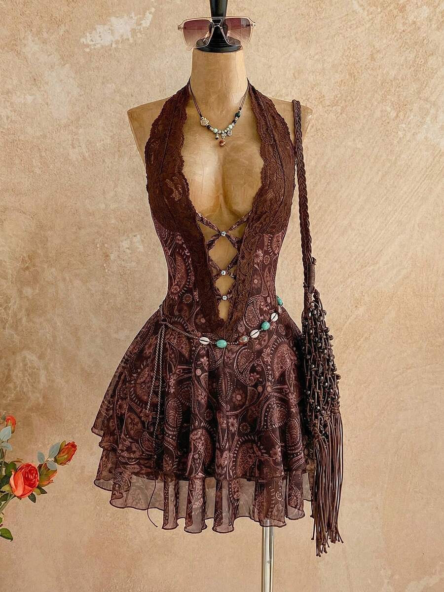 Soleia 女士度假风腰果印花撞色蕾丝深V领性感迷你连衣裙，夏季连衣裙，度假连衣裙，波西米亚风女装，复古女装 - 棕色 - 查看 1