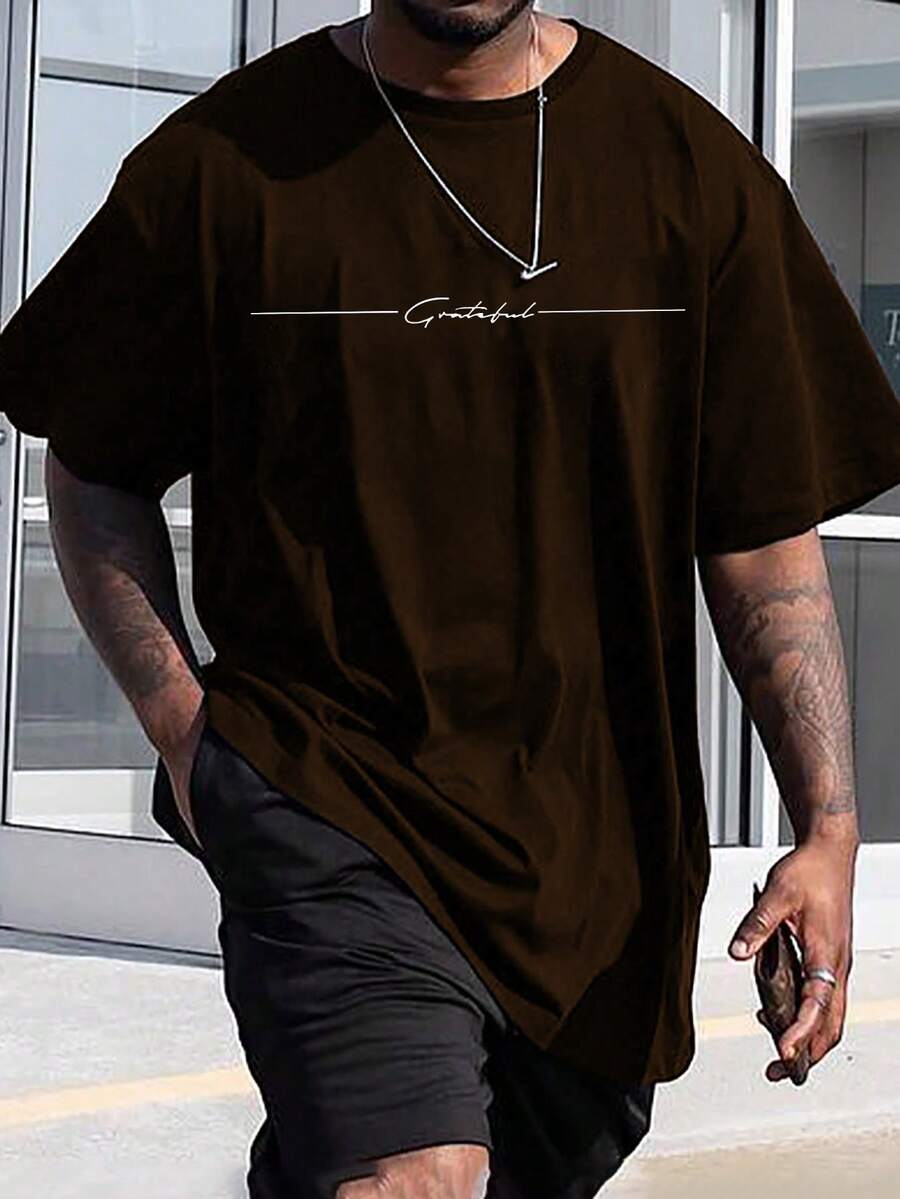 Manfinity Homme Plus Size Men's Letter Print Round Neck Short Sleeve Casual T-Shirt - Coffee Brown - View 1