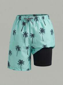SHEIN Bộ 1 quần short đi biển 2 trong 1 dành cho bé trai tuổi teen, in hình cây dừa nhiệt đới, thích hợp cho kỳ nghỉ, sinh hoạt hàng ngày, đi học, du lịch, thể thao, mùa xuân và mùa hè. - Nhiều màu - Xem 5