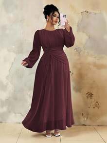 Roveilla 大码女式春夏法式浪漫西西里优雅休闲通勤度假圣诞派对纯棕色圆领褶皱腰抽绳A字弹力腰长袖连衣裙 - 紫紅色 - 查看 1