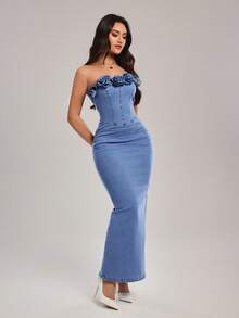 SHEIN Tall Women's 3D Floral Decor Fitted Elegant Denim Dress, Tall Women - Blue - View 3