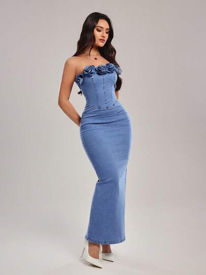 SHEIN Tall Đầm denim ôm dáng thanh lịch với họa tiết hoa 3D dành cho nữ