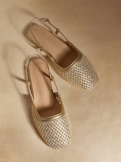 Rosivie Women Shoes Square Toe Flat Bottom Gold Braided Material Slingback Women's Flat Bottom Shoes Holiday Style Wear Retro Style Bohemian Style Wear Comfortable Flat Bottom Women's Shoes