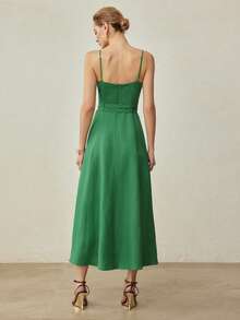 MOTF PREMIUM Đầm midi xòe thanh lịch tối giản bằng vải lanh, cạp đôi, thích hợp cho mùa xuân/hè. - màu xanh lá - Xem 4