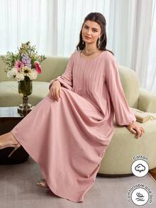 Al Najma 粉色条纹优雅长袖中长连衣裙 - 粉色 - 查看 7