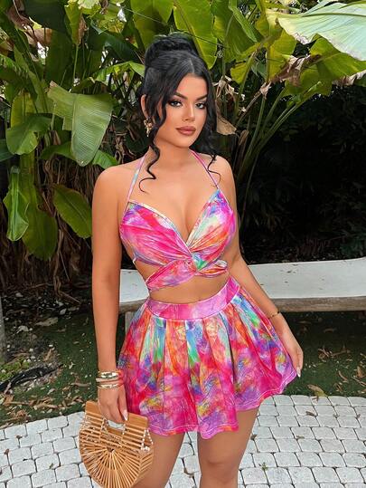 SHEIN SXY Women's Tie-Dye Cropped Halter Top And Mini Skirt Sexy 2 Pieces Set, Vacation