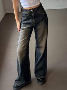 Dazy Tall Tall Women's Rhinestone Embellished Flare Jeans, Elegant Casual Pants For Tall Ladies - Dark Wash - View 10