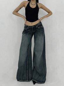 Dazy Tall Quần jeans ống loe thanh lịch dành cho nữ cao, điểm nhấn đinh tán, kiểu dáng gợi cảm thường ngày. - Rửa tối - Xem 6