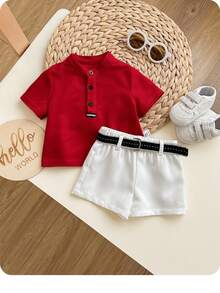 新生男宝宝可爱学院风针织红色短袖上衣和松紧腰短裤套装 - 紅色 - 查看 4