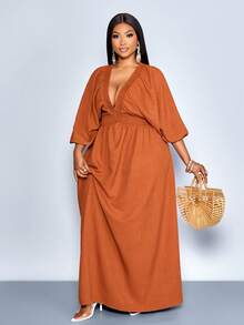 SOLERSUN Vestido longo feminino plus size elegante, sensual e fluido em linho com decote em V profundo franzido e mangas curtas com babados. Ideal para férias em estilo boho, country, tropical e para o verão. Perfeito para férias com um toque de luxo e tranquilidade, ideal para primavera e verão. - Ferrugem Marrom - Ver 4