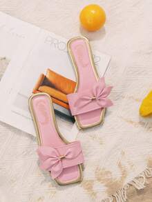 Swim Mod 新款女士平底凉鞋，方头设计，蝴蝶结装饰，轻便舒适，可随意搭配，套脚式，休闲度假沙滩拖鞋 - 粉色 - 查看 4