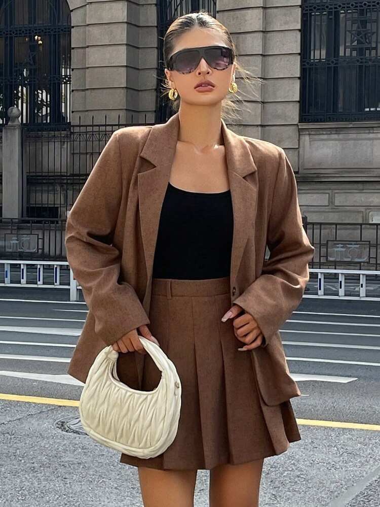 Women's Autumn Lapel NeckLong Sleeve Blazer And Pleated Midi Skirt Casual 2 Pieces Set