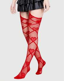 ROMWE Kawaii 1双女士黑色心形带扣渔网袜，四季皆宜 - 紅色 - 查看 8