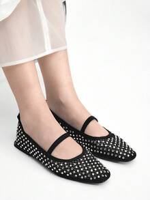 Mnmlis 女士网眼水钻单带玛丽珍芭蕾平底鞋，适合通勤、Y2K、朋克、时尚女孩、万圣节、圣诞节和派对装扮 - 黑色 - 查看 12
