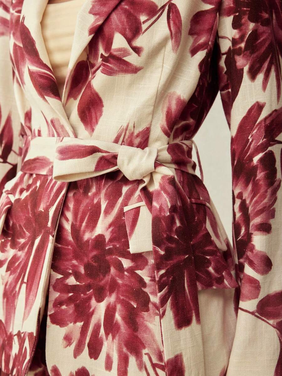 MOTF PREMIUM MINIMALIST ELEGANT LINEN FLORAL PRINT BLAZER, SPRING/SUMMER - Burgundy - View 2