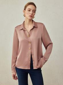 MOTF PREMIUM ÁO SƠ MI SATIN THANH LỊCH VỚI NÚT TRANG TRÍ, XUÂN/HÈ - Bụi hồng - Xem 5