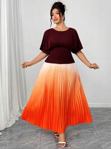 Elenzga Casual Plus Size Co-Ord For Women Boat Neck Batwing Sleeve Top And Pleated Gradient Skirt Outfit,Plus Size Women 2-Piece Set, Brown-Red Ombre Pleated Top And Ombre Skirt, Elegant For Parties, Commuting, Afternoon Tea - Multicolor - View 4