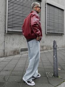 Artur Kramer 男士休闲街头风字母印花PU皮夹克，秋冬款 - 酒紅色 - 查看 5