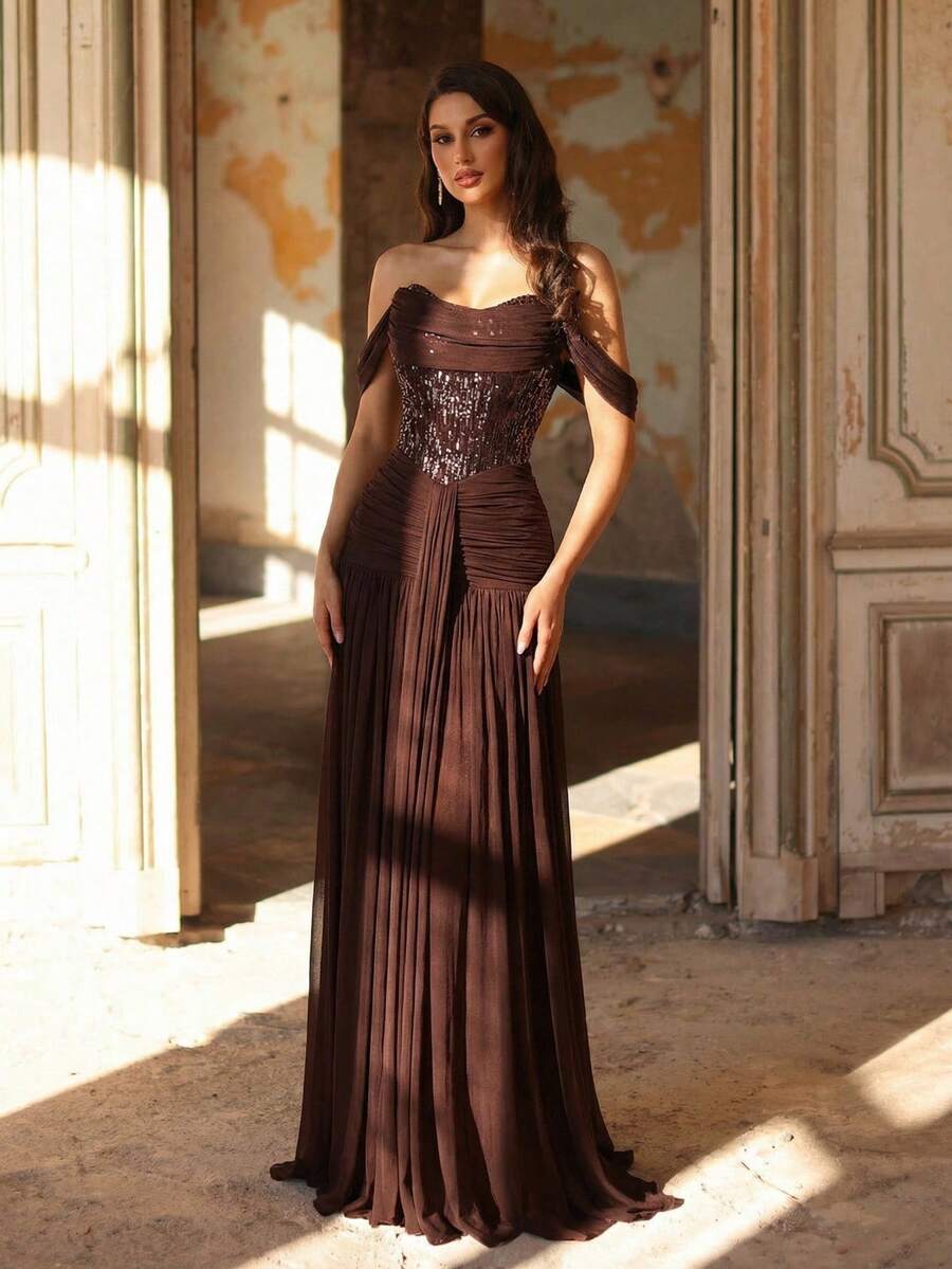 Aureia Elegant, Romantic, Fashionable, Dignified Coffee-Colored Elastic Mesh Fabric Dress With Sequins Embellishments, Fishbone Decor, A-Line Silhouette, Suitable For Elegant Parties, Wedding Guest Attire, Coffee-Colored Dress, Fashionable And Graceful Wedding Guest Formal Gown, Formal Evening Dress