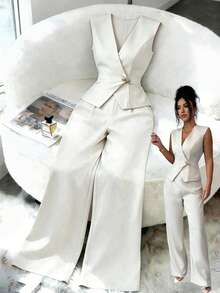 Elenzga 2026春夏新款女士优雅简约办公短袖套装 - 杏色 - 查看 1